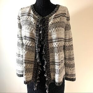 Ruby Rd. Fringed Cardigan Sweater Bl/WH